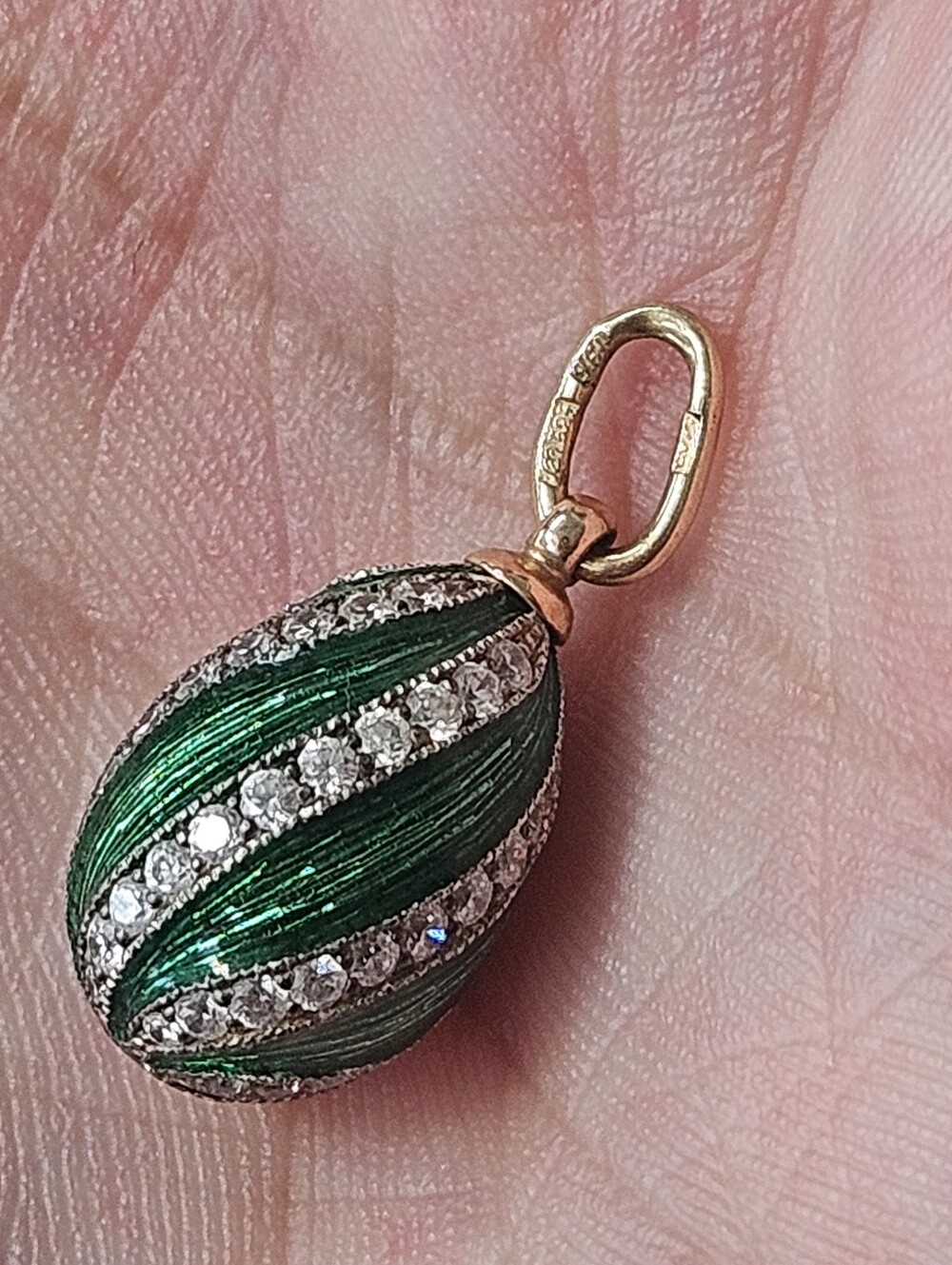 Vintage Russian 585 14k Yellow Gold Green Guilloche Enamel Egg Pendant Charm